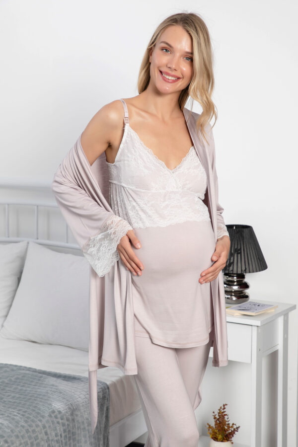 Dantelli Hamile Lohusa 3'lü Pijama Takımı - Görsel 3