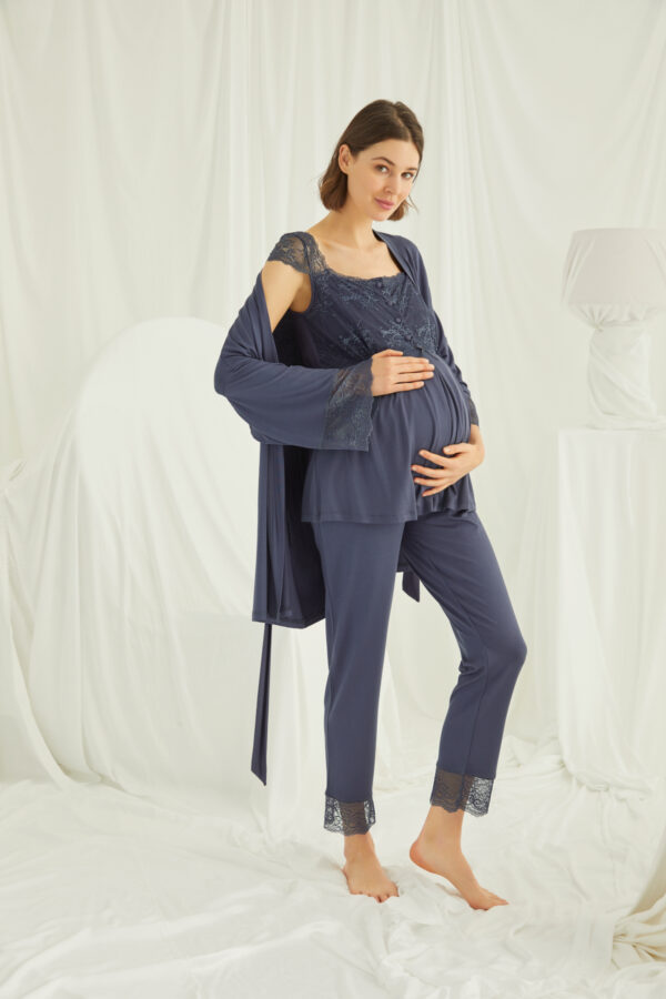 Dantelli Önü Düğmeli Hamile Lohusa 3'lü Pijama Takımı - Görsel 3