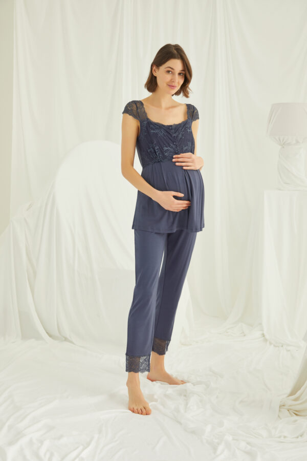 Dantelli Önü Düğmeli Hamile Lohusa Pijama Takımı - Görsel 2