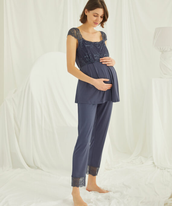 Dantelli Önü Düğmeli Hamile Lohusa Pijama Takımı