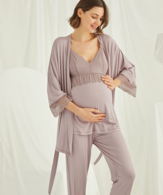 Dantelli Hamile Lohusa 3'lü Pijama Takımı