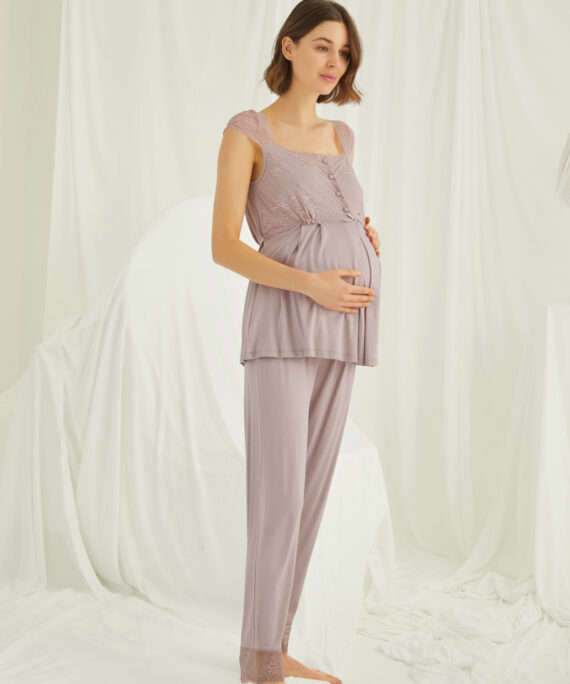 Dantelli Önü Düğmeli Hamile Lohusa Pijama Takımı