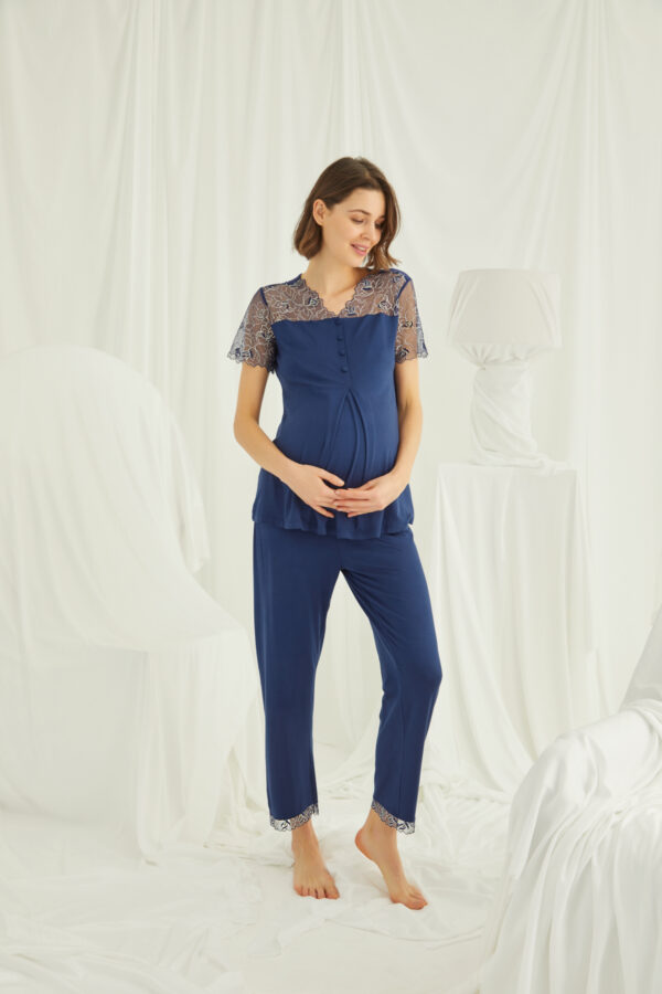 Brode Dantelli Önü Düğmeli Hamile Lohusa Pijama Takımı - Görsel 4