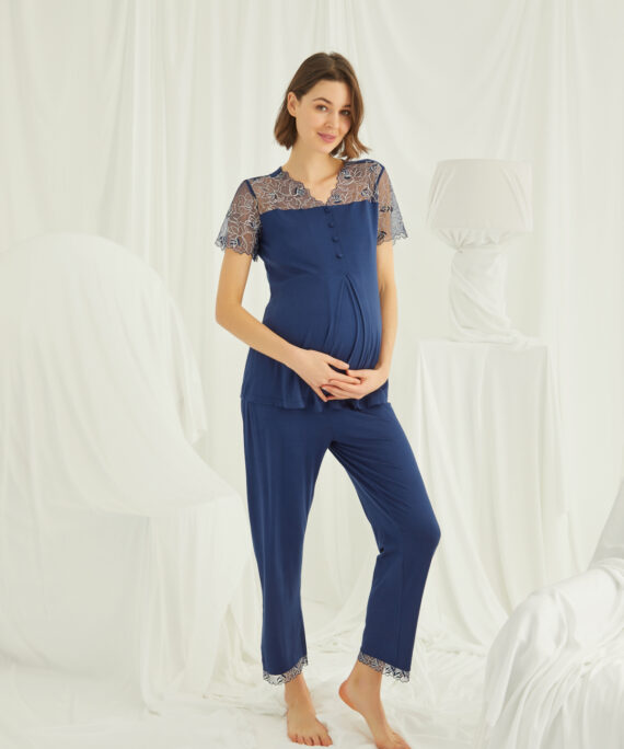 Brode Dantelli Önü Düğmeli Hamile Lohusa Pijama Takımı