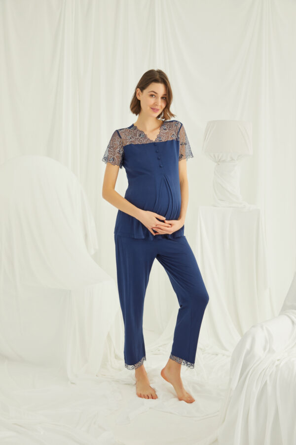 Brode Dantelli Önü Düğmeli Hamile Lohusa Pijama Takımı