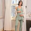 Çiçek ve Yaprak Desenli Dantelli Hamile Lohusa 3'lü Pijama Takımı - Görsel 3