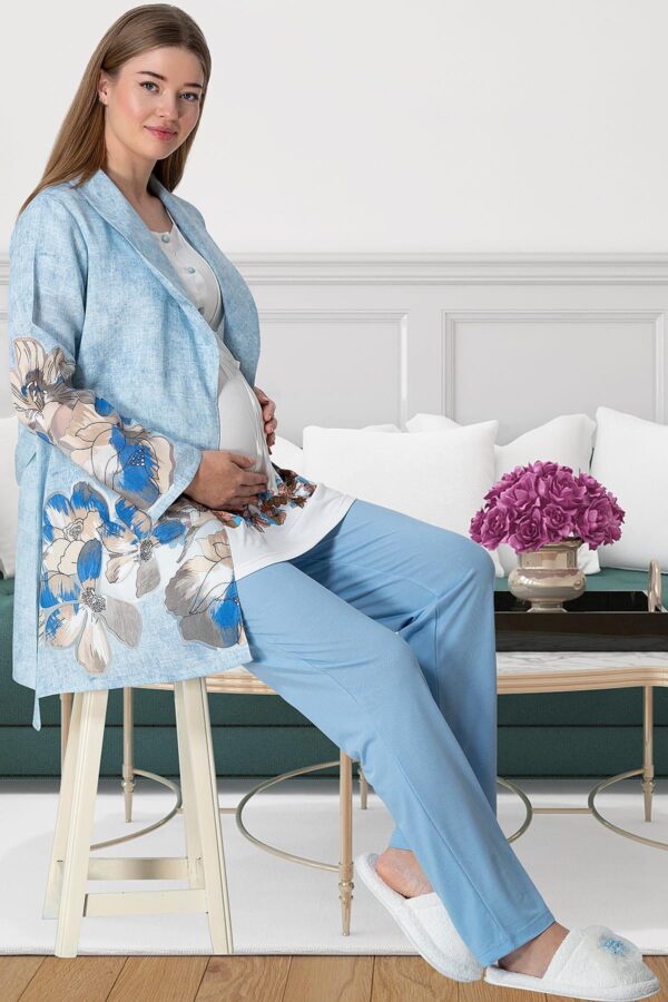 Bloom Mavi Sabahlıklı Lohusa Pijama Takımı - Görsel 2