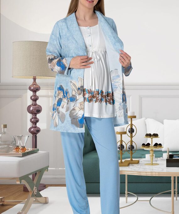 Bloom Mavi Sabahlıklı Lohusa Pijama Takımı