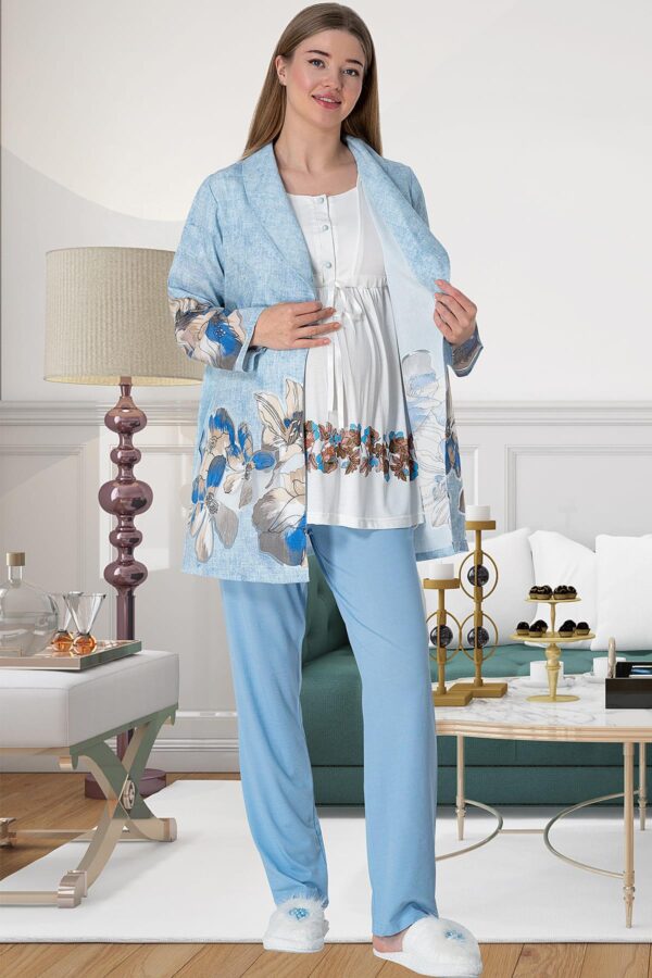 Bloom Mavi Sabahlıklı Lohusa Pijama Takımı