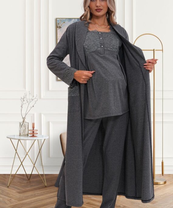 Füme Hamile Lohusa Sabahlıklı Pijama Takımı