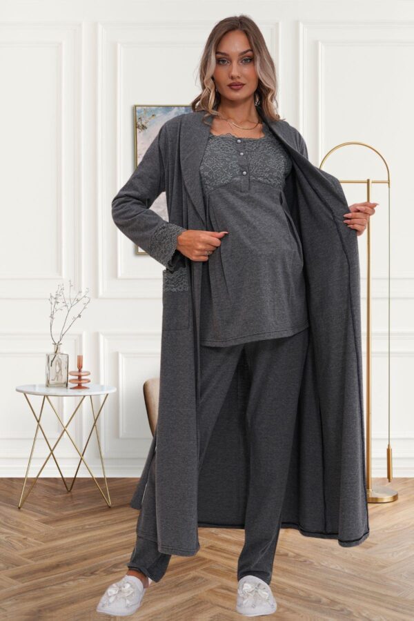 Füme Hamile Lohusa Sabahlıklı Pijama Takımı
