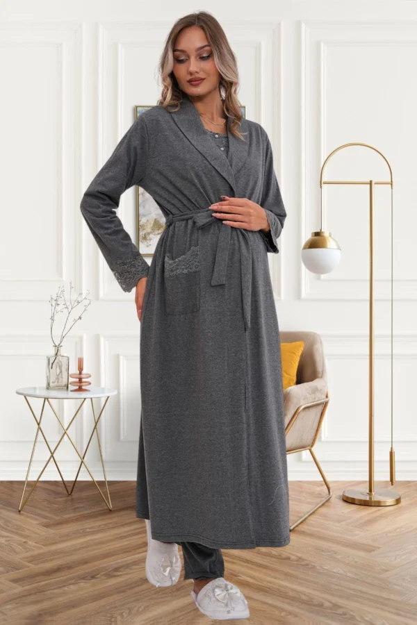 Füme Hamile Lohusa Sabahlıklı Pijama Takımı - Görsel 2