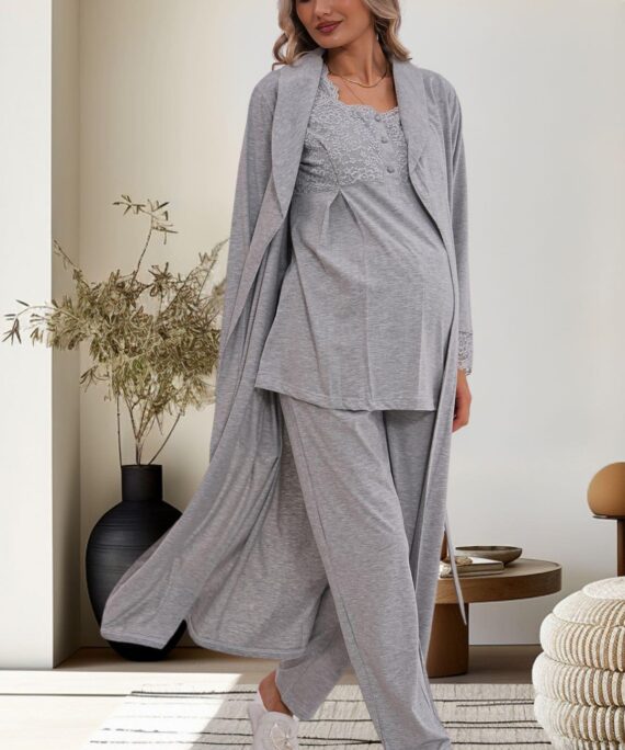 Gri Hamile Lohusa Sabahlıklı Pijama Takımı