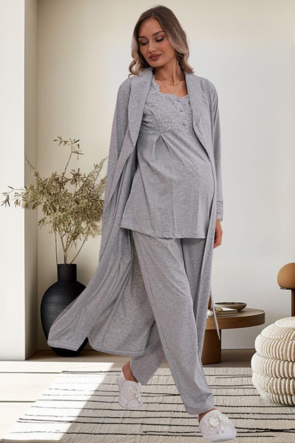 Gri Hamile Lohusa Sabahlıklı Pijama Takımı