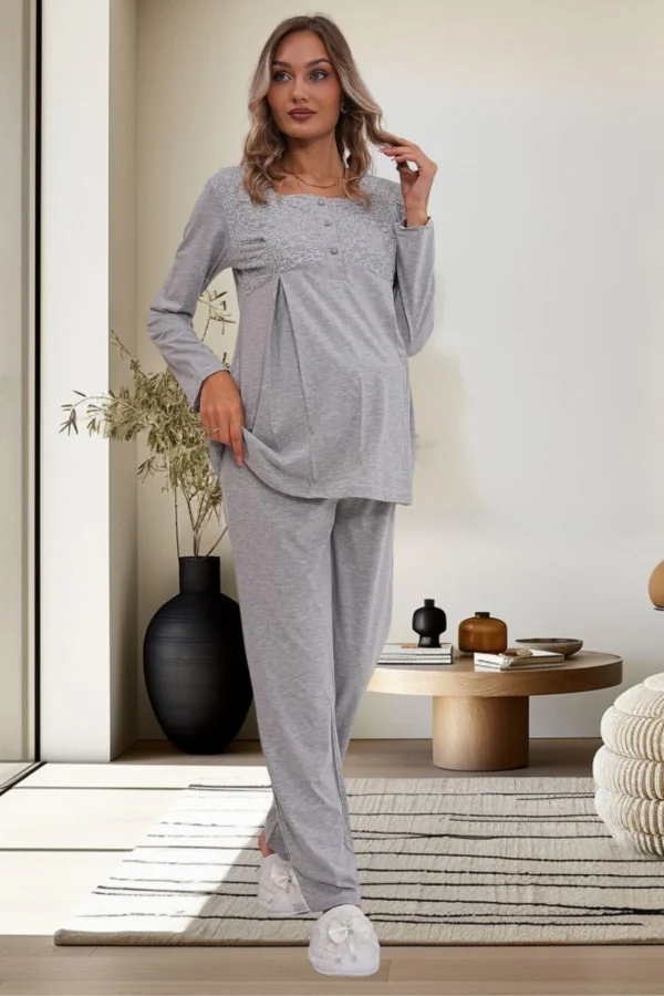 Gri Hamile Lohusa Sabahlıklı Pijama Takımı - Görsel 4