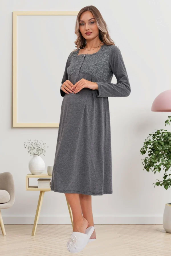 Uzun Sabahlıklı Gecelik Pijama Lohusa Set - Görsel 8
