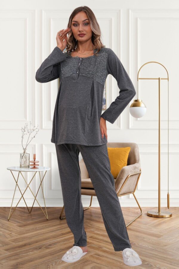 Uzun Sabahlıklı Gecelik Pijama Lohusa Set - Görsel 9