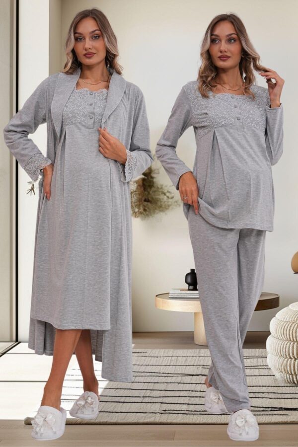 Uzun Sabahlıklı Gecelik Pijama Lohusa Set - Görsel 5