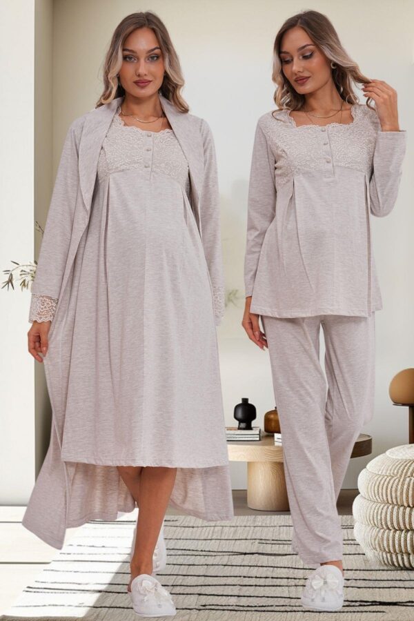 Uzun Sabahlıklı Gecelik Pijama Lohusa Set - Görsel 4
