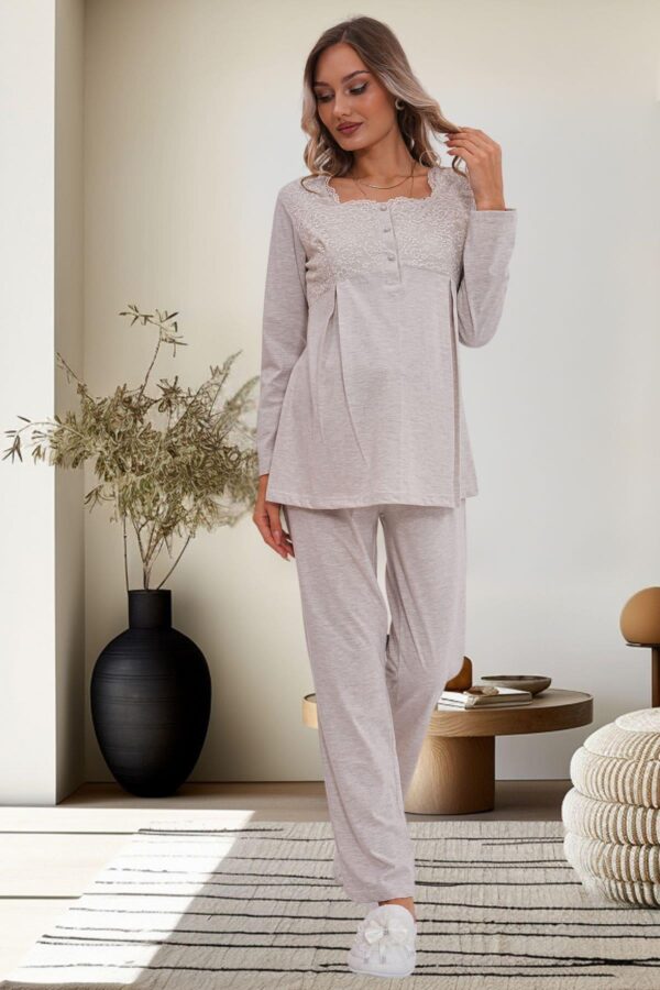 Uzun Sabahlıklı Gecelik Pijama Lohusa Set - Görsel 3